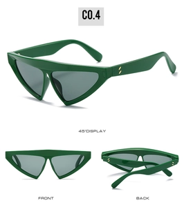 Front, back, and 45-degree views of green chunky triangle sunglasses with dark gray lenses