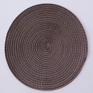 Macro detail of dark brown circular woven placemat with intricate spiral pattern texture