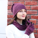 Three-piece winter set with knitted beanie, neck warmer and touch-screen gloves in deep purple