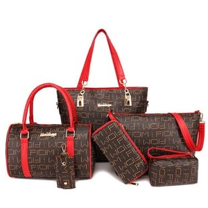 Detailed set of 6 brown bags with FIOM letter print and contrasting red handles