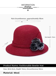 Dimensioni dettagliate per cappello cloche in lana bordeaux con accento pompon nero