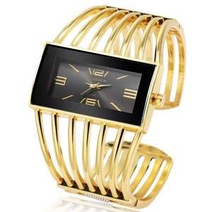 Elegant gold hollow cuff watch for women with rectangular black dial and quartz movement