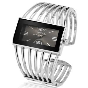 Silver hollow cuff watch for women with rectangular black dial and quartz movement
