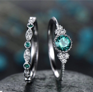 Vintage Round Emerald Zirconia Rings Set For Women Copper Base Geometric Engagement Retro Style Jewelry