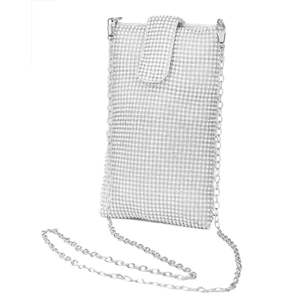 Sparkling silver rhinestone crossbody phone bag with a fine chain strap on white background