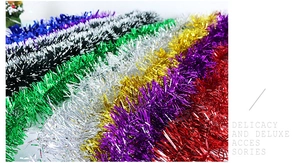 Colorful festive tinsel garlands with metallic sheen for Christmas tree and party decor