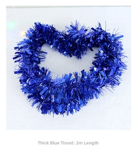 Close-up of 2m thick blue tinsel garland with metallic glitter for Christmas decor