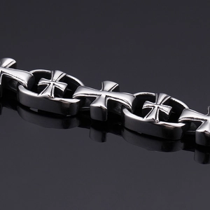 Bracelet croix pour homme en acier inoxydable style punk avec maillons gravés argent