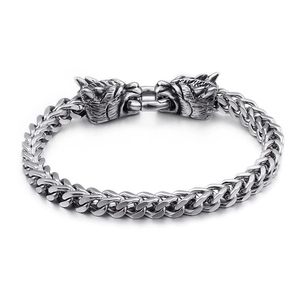 Punk vintage silver stainless steel viking bracelet with double wolf head design