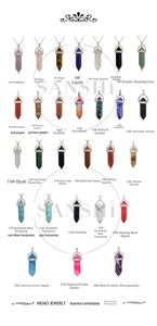 Detailed grid showing 28 varieties of hexagonal natural stone and quartz crystal pendants
