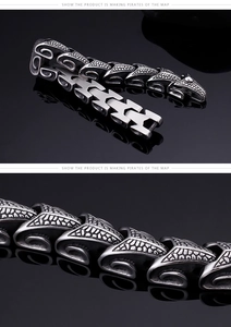 Close-up detail of dragon scale links on punk style stainless steel bracelet