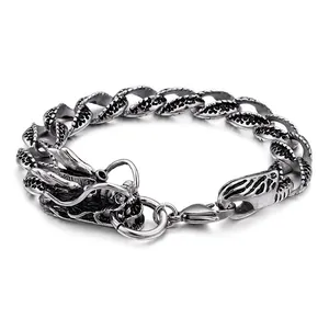 Dragon Head Bracelet 316L Stainless Steel Vintage Antique Silver Tone Dragon Scale Chain Jewelry For Men Retro Punk Style