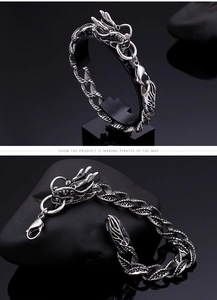 Macro shot of vintage dragon head links in oxidized stainless steel with scale details
