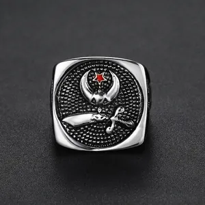 Vintage stainless steel signet ring with silver moon, red star and scimitar design