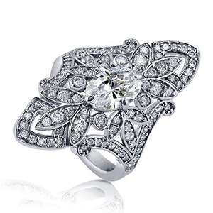 Luxury ethnic zircon flower ring with oval centerpiece and intricate hollow floral lace