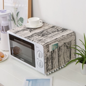 Housse de Protection Micro-ondes Rétro Grain de Bois en Imitation Coton Lin Avec Pompons Et Poches de Rangement Décoration Maison