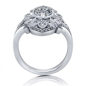 Luxury ethnic zircon flower ring in vintage silver with intricate hollow floral carving