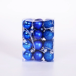 Set of 24 blue 3cm Christmas ornaments in shiny, matte, and glitter finishes in a clear box