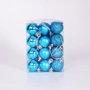 Detail of 24 lake blue Christmas ball ornaments in square packaging box with mixed finishes