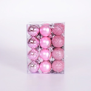 Pink Christmas ball set in square box featuring matte, glossy, and glitter textures