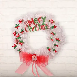 Christmas Wreath White Mesh Star Candy Decoration Red Bow Santa Claus For Front Door Wall Holiday Party Festive Ornament