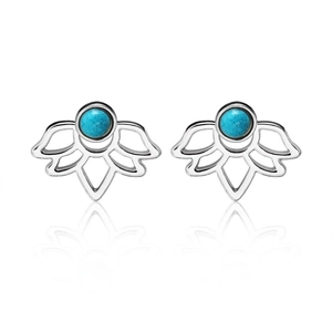 Detail of silver hollow lotus stud earring with a central blue turquoise stone inlay