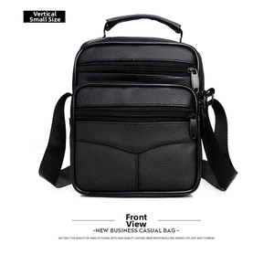 Vertical small black pebble leather business bag with multiple zipper compartments