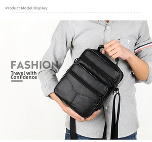 Detail of black leather men's messenger bag showing multiple zipper compartments
