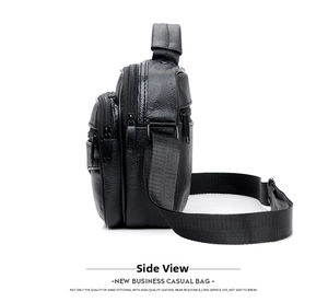 Side view detail of black leather business bag with multi-layer zippers and nylon strap