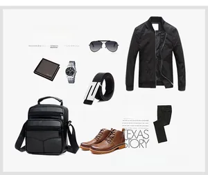 Flat lay of men's black leather crossbody bag with matching jacket and accessories