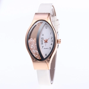 Women's rose gold leaf watch with floating crystals and white leather strap