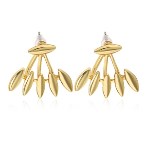 Detail of gold-plated alloy ear jacket featuring a five-leaf lotus fan design with polished finish