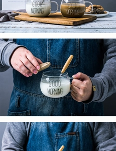 Détail du verre résistant à la chaleur avec couvercle en bois et motif Good Morning