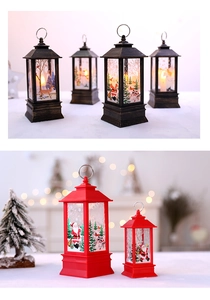 Close-up of retro Christmas LED lanterns with Santa illustrations in bronze and red colors