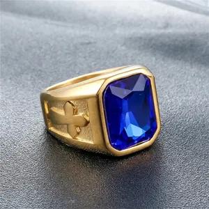 Punk style men's titanium steel cross ring with large rectangular blue gemstone