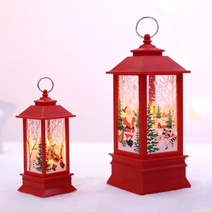Red Christmas decorative LED lanterns with hand-painted Santa and Reindeer scenes