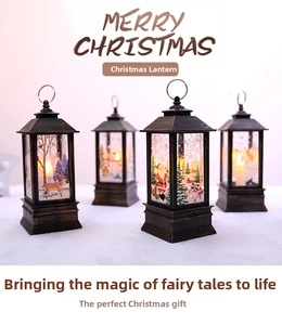 Set of four bronze Christmas lanterns featuring festive Santa and reindeer illustrations