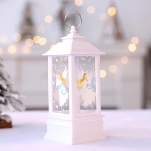 White Christmas angel lantern with LED flame light and holiday hanging metal ring