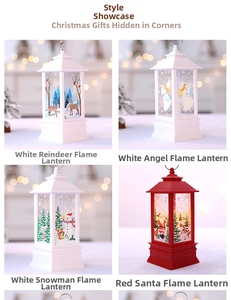 Detail view of four Christmas lanterns with reindeer and snowman patterns on festive backdrops