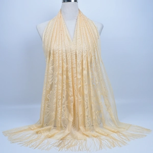 Detailed view of beige lace shawl with intricate embroidery and elegant fringed edges