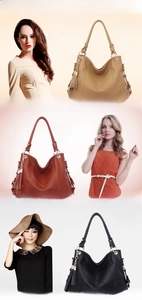 Three large hobo shoulder bags in khaki, light brown, and black with fringe detail