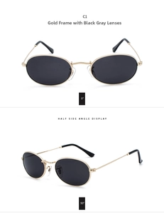 Detailed views of oval metal sunglasses with gold frames and dark grey lenses