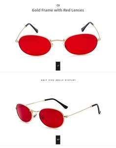 Detail view of oval metal sunglasses with gold frame and red tinted lenses