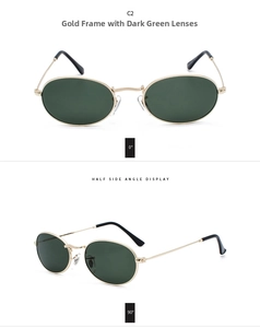 Front and side view of retro oval metal sunglasses with gold frame and dark green lenses