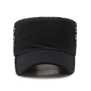 Classic black cotton cadet cap with flat top and curved brim for outdoor sun protection