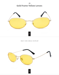 Detailed views of gold metal oval sunglasses with yellow lenses from front and side angles