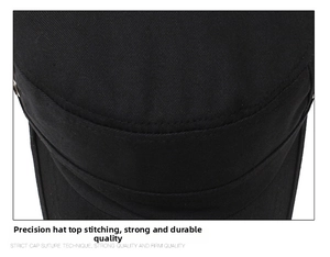 Detail shot of durable black cotton twill fabric with reinforced double stitching on cap