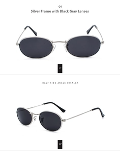 Front and side view of oval retro sunglasses with silver metal frame and dark grey lenses