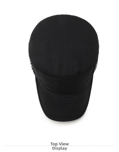 Top view of a classic black cotton cadet cap showing the flat top and brim details
