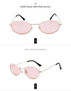 Detail view of retro oval metal sunglasses with gold frames and light pink lenses
